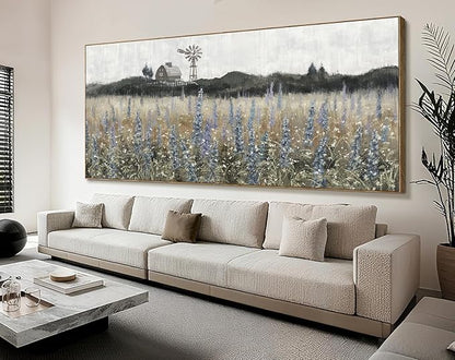 Nicetop Extra Large Vintage Framed Wall Art Nature Wilderness Lavender Flower Meadow Landscape Retro Farmhouse Windmill Barn Wildflower Canvas Print Oversized Artwork for Living Room Office 86x 39inch