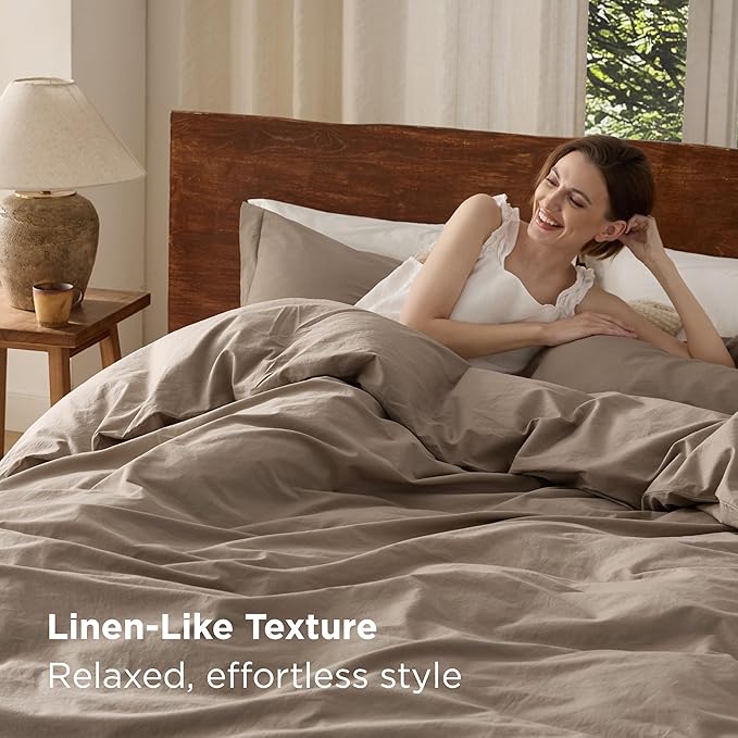 Bedsure 100% Washed Cotton Duvet Cover Queen Size - Light Brown Minimalist Cotton Duvet Cover Linen Like for All Seasons - GentleSoft™ Plain Simple Bedding, 3 Pieces (Light Brown, Queen, 90"x90")