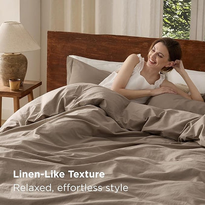 Bedsure 100% Washed Cotton Duvet Cover Queen Size - Light Brown Minimalist Cotton Duvet Cover Linen Like for All Seasons - GentleSoft™ Plain Simple Bedding, 3 Pieces (Light Brown, Queen, 90"x90")