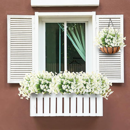 Artificial Flowers for Outdoors 12 Bundles Realistic Faux Plants UV Resistant Fake Silk Morning Glory with Eucalyptus for Front Door Planter Patio Porch Outside Spring Summer Decoration (White)