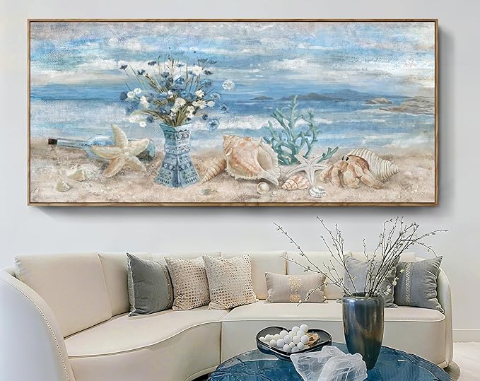 Nicetop Extra Large Framed Wall Art for Living Room Blue Boho Ocean Beach Coastal Daisy Flower in Vase Picture Huge Seascape Canvas Print Painting Oversized Seaside Artwork for Home Office 86x39inch