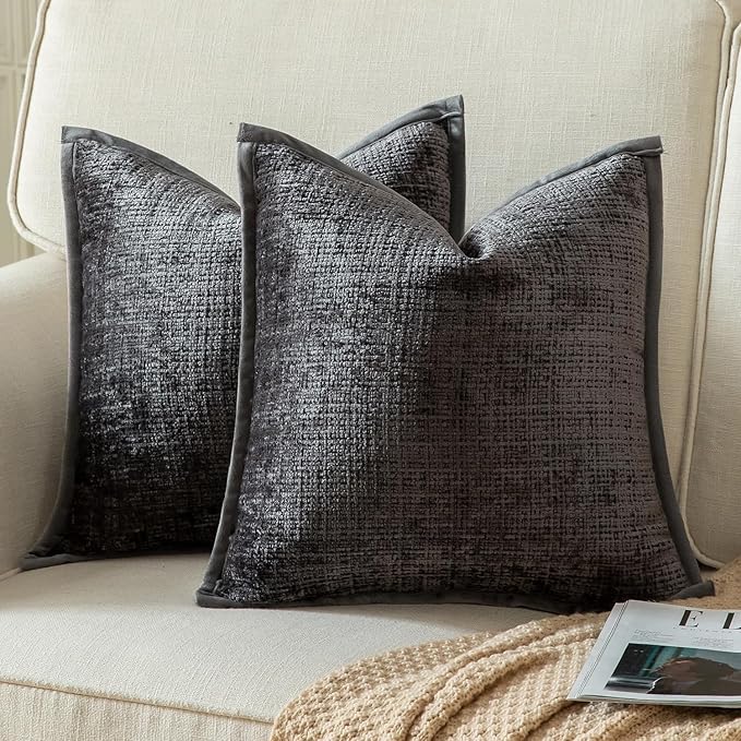 Yaertun Pack of 2 Chenille Textured Decorative Throw Pillow Covers Accent Solid Cushion Cover Soft Cozy Pillow Case with Velvet Back for Couch Sofa Bed Living Room 20x20 Inch Dark Grey