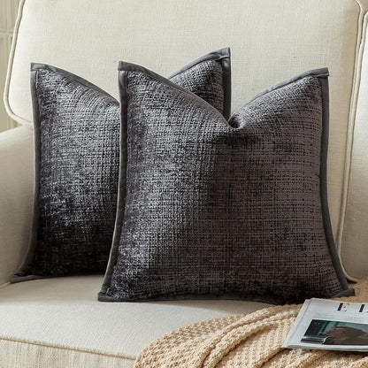 Yaertun Pack of 2 Chenille Textured Decorative Throw Pillow Covers Accent Solid Cushion Cover Soft Cozy Pillow Case with Velvet Back for Couch Sofa Bed Living Room 20x20 Inch Dark Grey