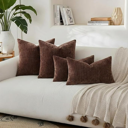 decorUhome Chenille Brown Throw Pillow Covers 16x16 Inch Set of 2, Decorative Soft Couch Pillow Covers Solid Dyed Accent Velvet Farmhouse Neutral Square Pillow Cases for Sofa Bed Living Room