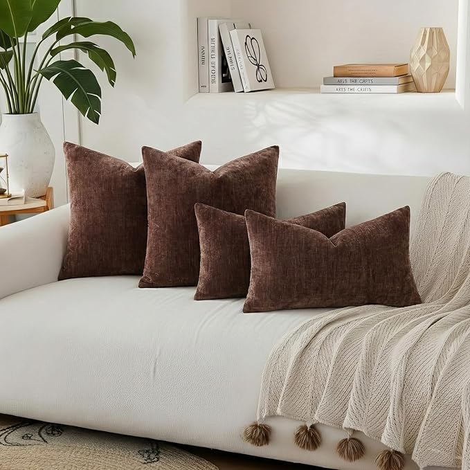 decorUhome Chenille Brown Throw Pillow Covers 26x26 Inch Set of 2, Decorative Soft Couch Pillow Covers Solid Dyed Accent Velvet Farmhouse Neutral Square Pillow Cases for Sofa Bed Living Room
