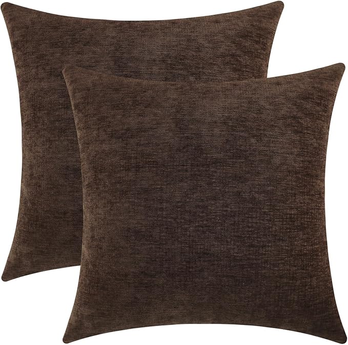 Coffee Brown Chenille Decorative Couch Throw Pillow Covers, Soft Cushion Cases for Home Livingroom Sofa Décor, Pack of 2, 20 x 20 Inches