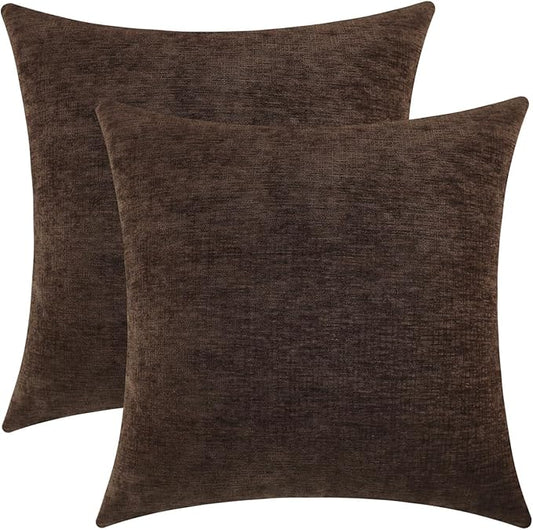 Coffee Brown Chenille Decorative Couch Throw Pillow Covers, Soft Cushion Cases for Home Livingroom Sofa Décor, Pack of 2, 18 x 18 Inches