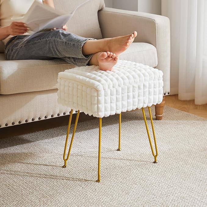 IBUYKE Rectangle Vanity Chair with Storage Space, Footrest Footstool Ottoman, Vanity Stool, Dressing Table Chair, with Anti-Slip Feet, for Makeup Room, Bedroom, Square Grid Pattern, White WBD004W