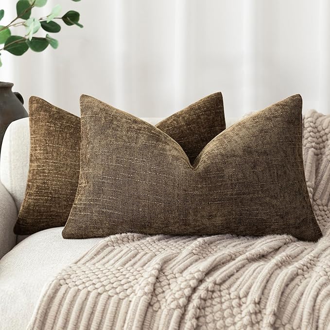 Foindtower Pack of 2 Textured Chenille Throw Decorative Pillow Covers Square Accent Solid Cushion Cover Neutral Farmhouse Lumbar Pillow Case for Couch Sofa Bedroom Living Room 12x24 Inch,Taupe Brown