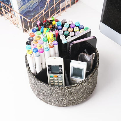 lizimandu Remote Control Holder, 360°Spinning PU Leather Desk TV Remote Caddy,Desk Storage Box Room Accessories for Controller, Media,Mail,Calculator, Mobile Phone,Pencil(1B-Carved Cooper Gold)