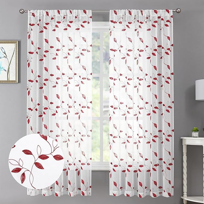Tollpiz Burgundy Red Leaf Sheer Curtains Leaves Embroidered Living Room Short Curtain Rod Pocket Voile Window Treatments for Bedroom, 54 x 45 inches Long, Set of 2 Panels