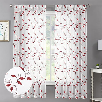 Tollpiz Burgundy Red Leaf Sheer Curtains Leaves Embroidered Living Room Short Curtain Rod Pocket Voile Window Treatments for Bedroom, 54 x 45 inches Long, Set of 2 Panels