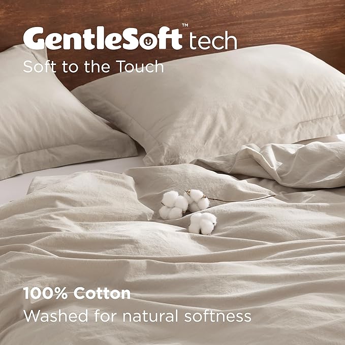 Bedsure 100% Washed Cotton Duvet Cover Twin Size - Linen Color Minimalist Cotton Duvet Cover Linen Like for All Seasons - GentleSoft™ Plain Simple Bedding (Twin, 68"x90")