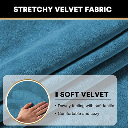 PrinceDeco Couch Cushion Covers, Stretch Washable Sofa Cushion Cover, Fitted Sofa Slipcover Velvet Fabric Non-Slip Furniture Protector for Dog,Pets, Kid (Each Width Up to 29.5", Blue)