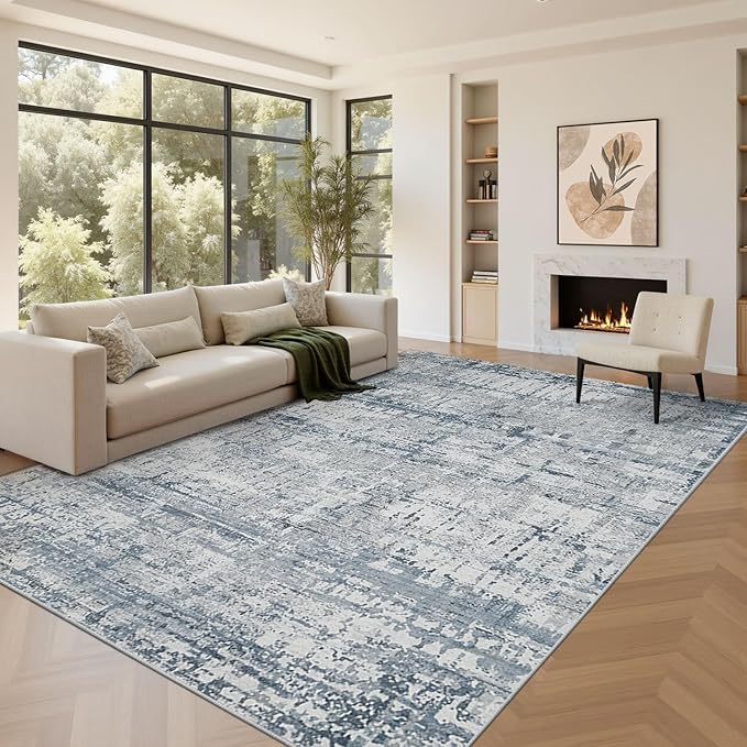 Blue Grey 8x10 Area Rugs,Large Soft Rugs for Living Room, Blue Washable Rug, Modern Abstract Rugs for Bedroom Dining Room, Non-Slip Foldable Thin Indoor Carpet Stain Resistant(Blue Grey)