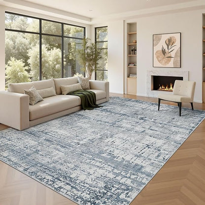 Blue Grey 8x10 Area Rugs,Large Soft Rugs for Living Room, Blue Washable Rug, Modern Abstract Rugs for Bedroom Dining Room, Non-Slip Foldable Thin Indoor Carpet Stain Resistant(Blue Grey)
