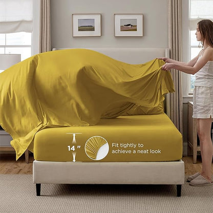 Bedsure Full Comforter Set Mustard Yellow - Bed in a Bag Full Size Bedding Set 7 Pieces, GentleSoft™ Pintuck Bed Set Gift for Family, Pinch Pleat All Season Comforter with Sheets, Pillowcases & Shams
