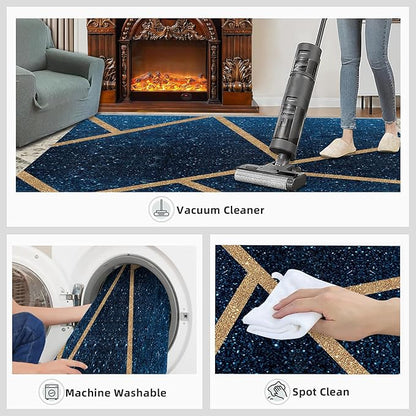 Abstract Marble Rug Navy Blue Marble Area Rug Blue Starry Geometric Area Rugs Gold Lined Geometric Shapes Rugs Modern Minimalist Carpet for Living Room Bedroom 6x9ft