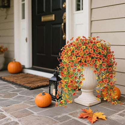 Fake Mums Artificial Hanging Flowers for Outdoor Fall Decoration, 2 PCS Silk Daisy Flower Realistic Faux Plants UV Resistant for Porch Patio Window Yard Outside Autumn Decor(Yellow Orange)