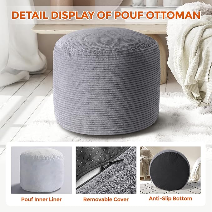 Pouf Ottoman Foot Rest, Comfortable & Soft, Round Footstool Ottoman for Living Room, Bedroom, Office, Room Decoration, Corduroy Foot Stool Pouf with Odorless & Anti-Clump Filling, Large Dark Grey