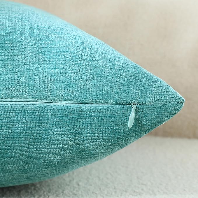 Aqua Green Chenille Decorative Couch Throw Pillow Covers, Soft Cushion Cases for Home Livingroom Sofa Décor, Pack of 2, 20 x 20 Inches