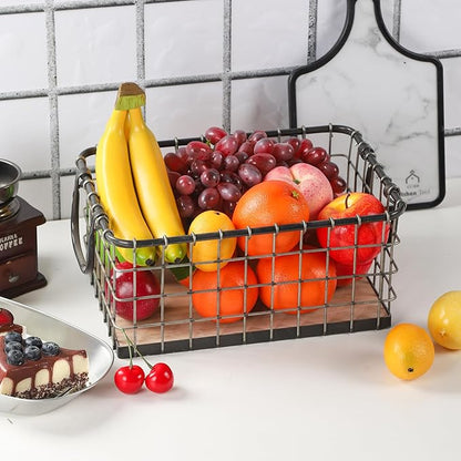 13.8" Wide Rectangular Sturdy Hand Welded Farmhouse Metal Wire Basket with Rustic Wooden Bottom For Shelves, Closet Storage Bins for Shelves. Also For Laundry, Towel, Spice Rack, Tool Box (14"x9")