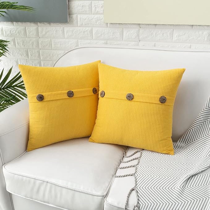 HWY 50 Yellow Chenille Throw Pillow Covers 20x20 Inch with Triple Buttons, Soft Farmhouse Accent Decorative Cushion Cases for Couch Sofa Bed Living Room Pack of 2