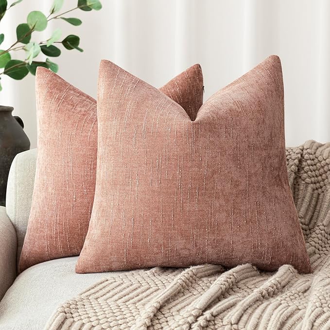 Foindtower Pack of 2 Textured Chenille Throw Decorative Pillow Covers Square Accent Solid Cushion Cover Neutral Farmhouse Pillow Case for Couch Sofa Bedroom Living Room 20x20 Inch,Dusty Pink