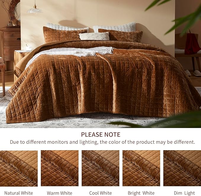 LEAONME Velvet Quilt Oversized California King-120''x120'', Lightweight Caramel Velvet Comforter Set with 2 Pillow Shams, Oversized Bedspread Coverlet Quilted Bedding Set for All Season