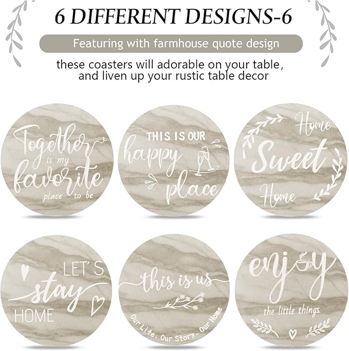 Queekay Coasters Set of 6 House Warming Gifts New Home Wooden Farmhouse Drink Coasters with Holder 4'' Funny Decoration for Kitchen Family Coffee Bar Tabletop Protection(Brown Marble)