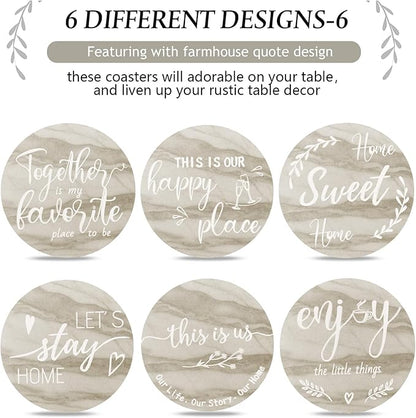 Queekay Coasters Set of 6 House Warming Gifts New Home Wooden Farmhouse Drink Coasters with Holder 4'' Funny Decoration for Kitchen Family Coffee Bar Tabletop Protection(Brown Marble)