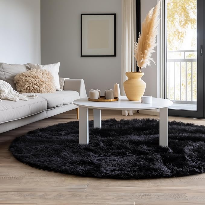 Super Area Rugs Ultra Soft & Fluffy Faux Sheepskin Rug, Black 5 X 5 Round Carpet for Bedroom Living Room