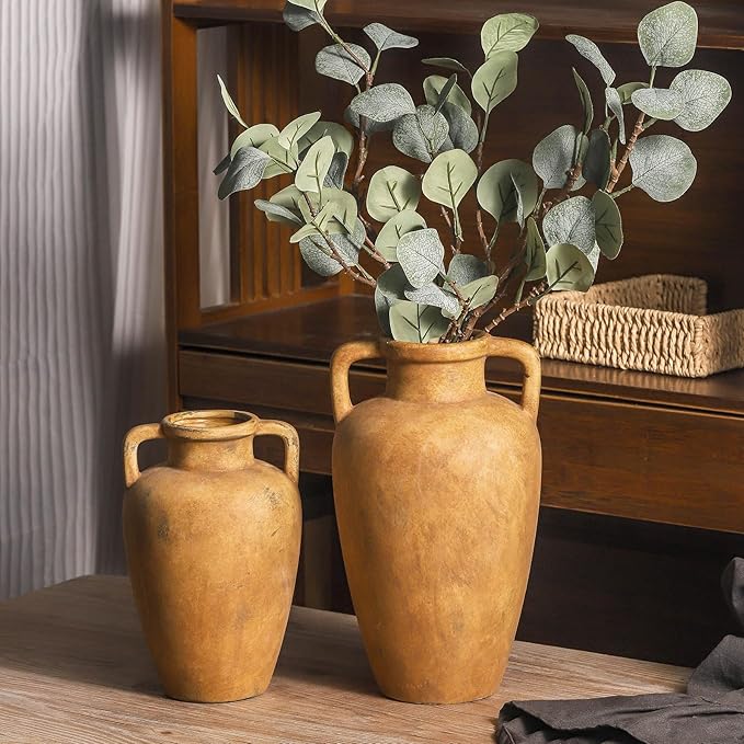 Rustic Vase, Ceramic Flower Vase for Centerpieces, 8.85 inch Large Decorative Terracotta Vintage Vases, Farmhouse Rustic Vases for Home Decor, Living Room, Table, Neutral