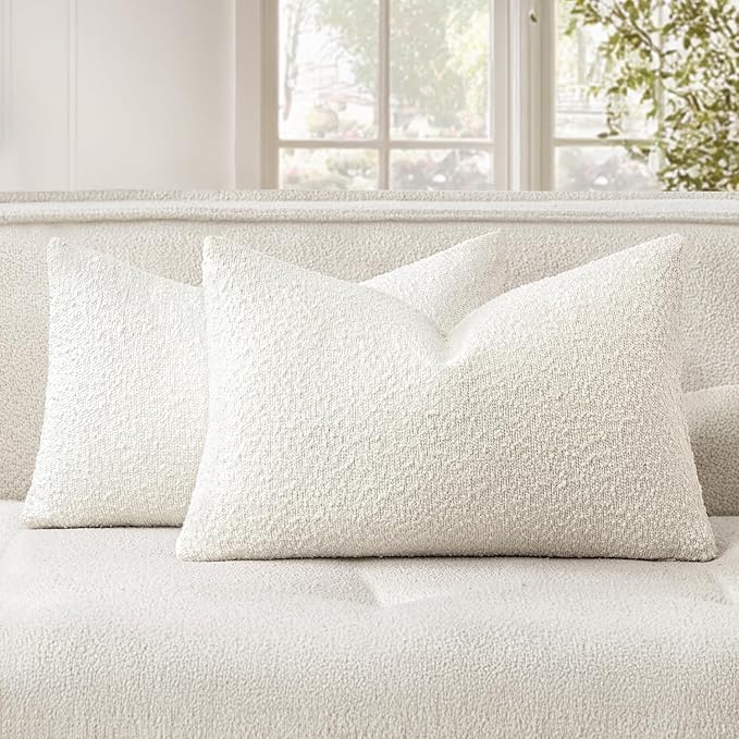 Woaboy Pack of 2 12x20 Inch Decorative Boucle Throw Pillow Covers Textured Lumbar Pillowcaes Accent Solid Cozy Soft Cushion Covers Christmas Home Decor for Bed Sofa Couch Living Room Chair,White