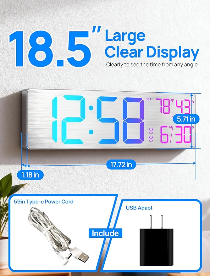 MASHI 18.5" Large Digital Wall Clock with Remote Control, Dual Alarm with Big LED Screen Dispaly,10 Adjustable Brightness, DST, Date Week,Temp for Living Room, Bedroom, Gift for Elderly (Silver)