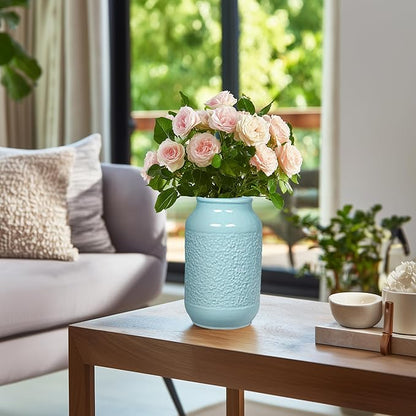 Blue Ceramic Vase for Home Decor - 9 Inch Textured Flower Vase for Table Centerpiece - Modern Decorative Pottery Vases for Flowers, Living Room, Shelf, Mantle Decor