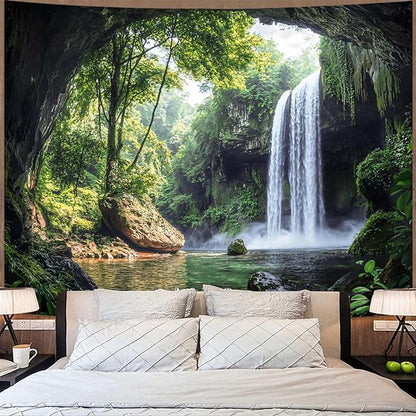 kampdream Landscape Tapestry, Scenery Art Wall Tapestries, Nature Wall Decor for Bedroom Living Room Backdrop Cave Waterfall 44×60 inches