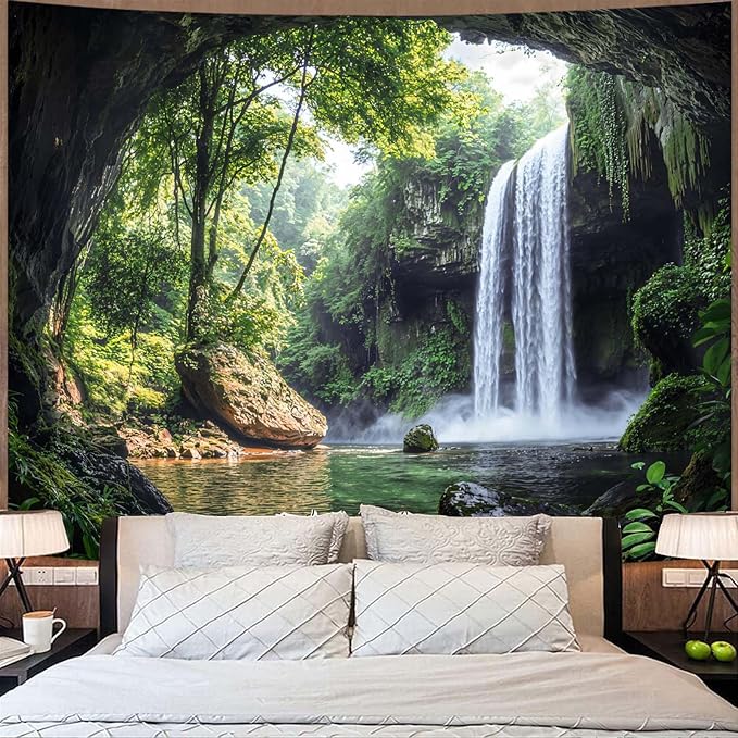 kampdream Landscape Tapestry, Scenery Art Wall Tapestries, Nature Wall Decor for Bedroom Living Room Backdrop Cave Waterfall 60×80 inches