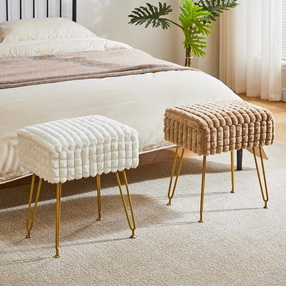 IBUYKE Rectangle Vanity Chair with Storage Space, Footrest Footstool Ottoman, Vanity Stool, Dressing Table Chair, with Anti-Slip Feet, for Makeup Room, Bedroom, Square Grid Pattern, Khaki WBD004K