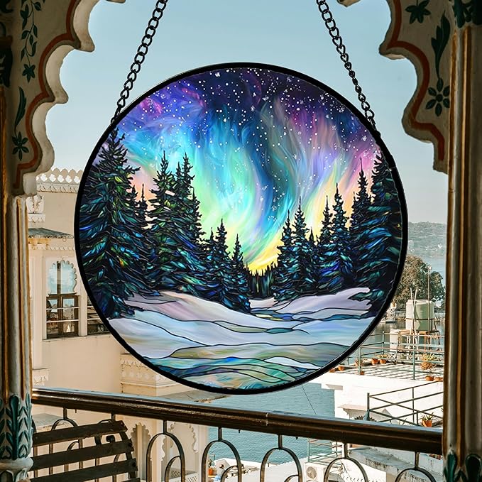 DASTOLL Stained Glass Window Hanging, Aurora Landscape Sun Catchers Glass Panel Green Trees Suncatcher Decor for Birthday for Women, Men, Wife, Aunt, and Mom 14.9x14.9 in