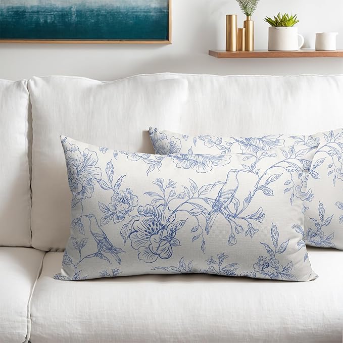 White Blue Chinoiserie Pillow Covers 12x20 Set of 2 Decorations Vintage Floral Throw Pillow Covers Boho Decor Rustic Pillowcases Farmhouse Pattern Soft Cozy for Sofa Bed Chair Home Decorative