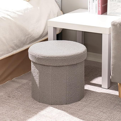 B FSOBEIIALEO Storage Ottoman Cube, Round Ottomans with Storage Foot Stool Footrest for Lving Room, Boucle Ottoman Seat for Dorm Room,Faux Teddy Fur, Grey 15"x15"x13.19"