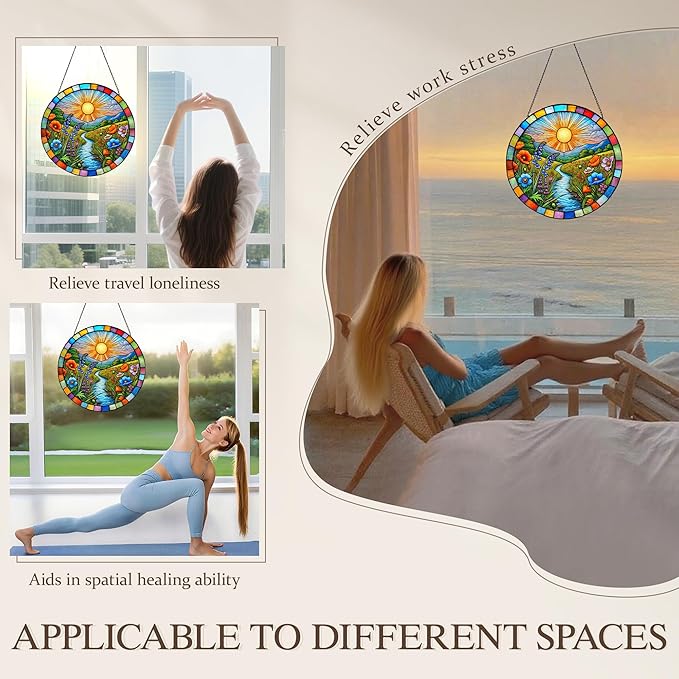 Stained Glass Window Hanging, Scenery Sun Catchers Stained Glass Panels for Indoor Windows Wall Art Decor, Birthday Gift for Mom Women Wife Men Lovers (11.8inch)