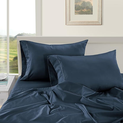 LANE LINEN 100% Egyptian Cotton Full Size Sheets, Soft & Comfy Sateen Weave No Pill Mercerized Cotton Cooling Sheets Full Size, Fully Elasticized Reinforced Seam Full Bedding Set – Dark Denim