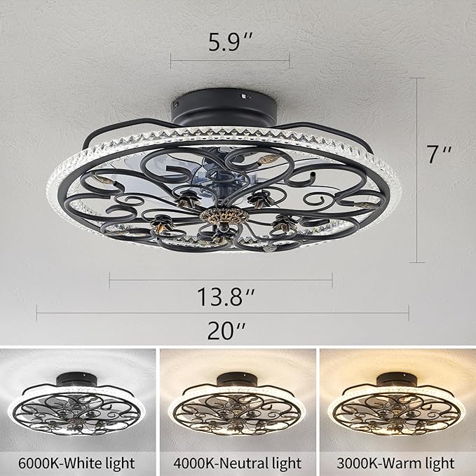 Black Flower Caged Ceiling Fan with Light, Rustic Industrial Ceiling Fan with Lights and Remote, LED Low Profile Ceiling Fan with Light for Bedroom Kitchen Living Room