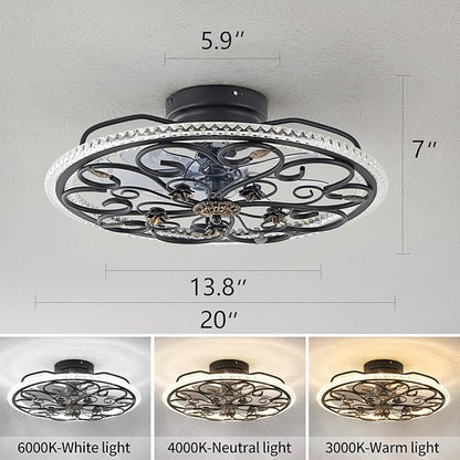 Black Flower Caged Ceiling Fan with Light, Rustic Industrial Ceiling Fan with Lights and Remote, LED Low Profile Ceiling Fan with Light for Bedroom Kitchen Living Room