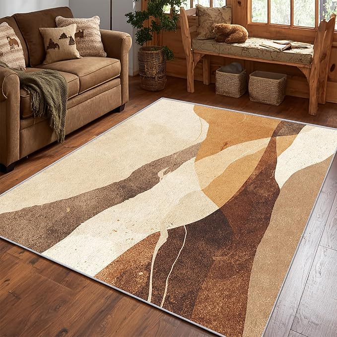 Boho Rug, 5x8 Area Rugs Abstract Rustic Textured Brown Pattern for Living Room, Bedroom, Boho Home Decor Accessories Indoor Carpet, Non Slip & Machine Washable