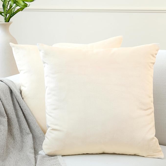 Encasa XO Velvet Throw Pillow Covers 22x22 in (55x55 cm) - Cream - No Inserts, Pack of 2 Cases | Solid Plain Dyed Soft & Smooth, Square Decorative Cushion Covers for Living & Bedroom
