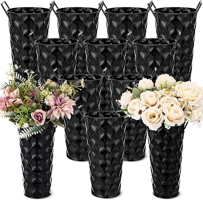 12 Pcs Black Metal Flower Vases 9 Inch Galvanized Flower Bucket Spring Farmhouse French Bucket with Handles, Floral Vases for Centerpiece Bar Wedding Bouquet Table Decoration Supplies