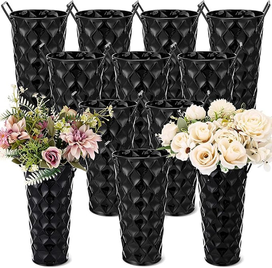 12 Pcs Black Metal Flower Vases 9 Inch Galvanized Flower Bucket Spring Farmhouse French Bucket with Handles, Floral Vases for Centerpiece Bar Wedding Bouquet Table Decoration Supplies
